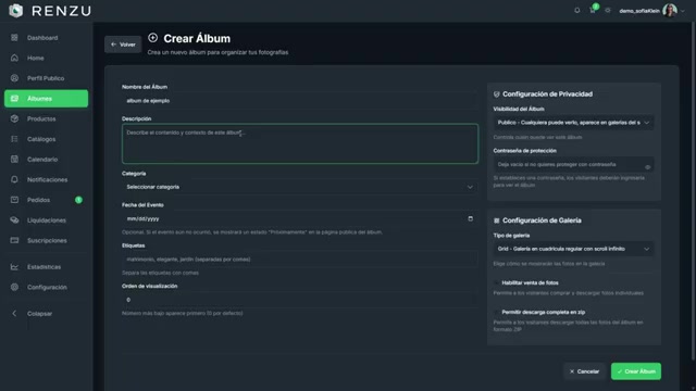 Formulario de creación de álbum con campos de nombre, descripción, categoría, fecha y etiquetas