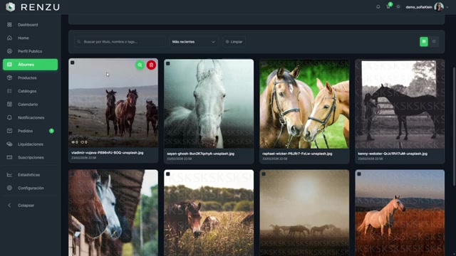 Grid de fotos del álbum con watermark aplicado e íconos de lupa y eliminar