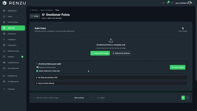 Archivos listos para subir con toggle de watermark y botón Iniciar Upload