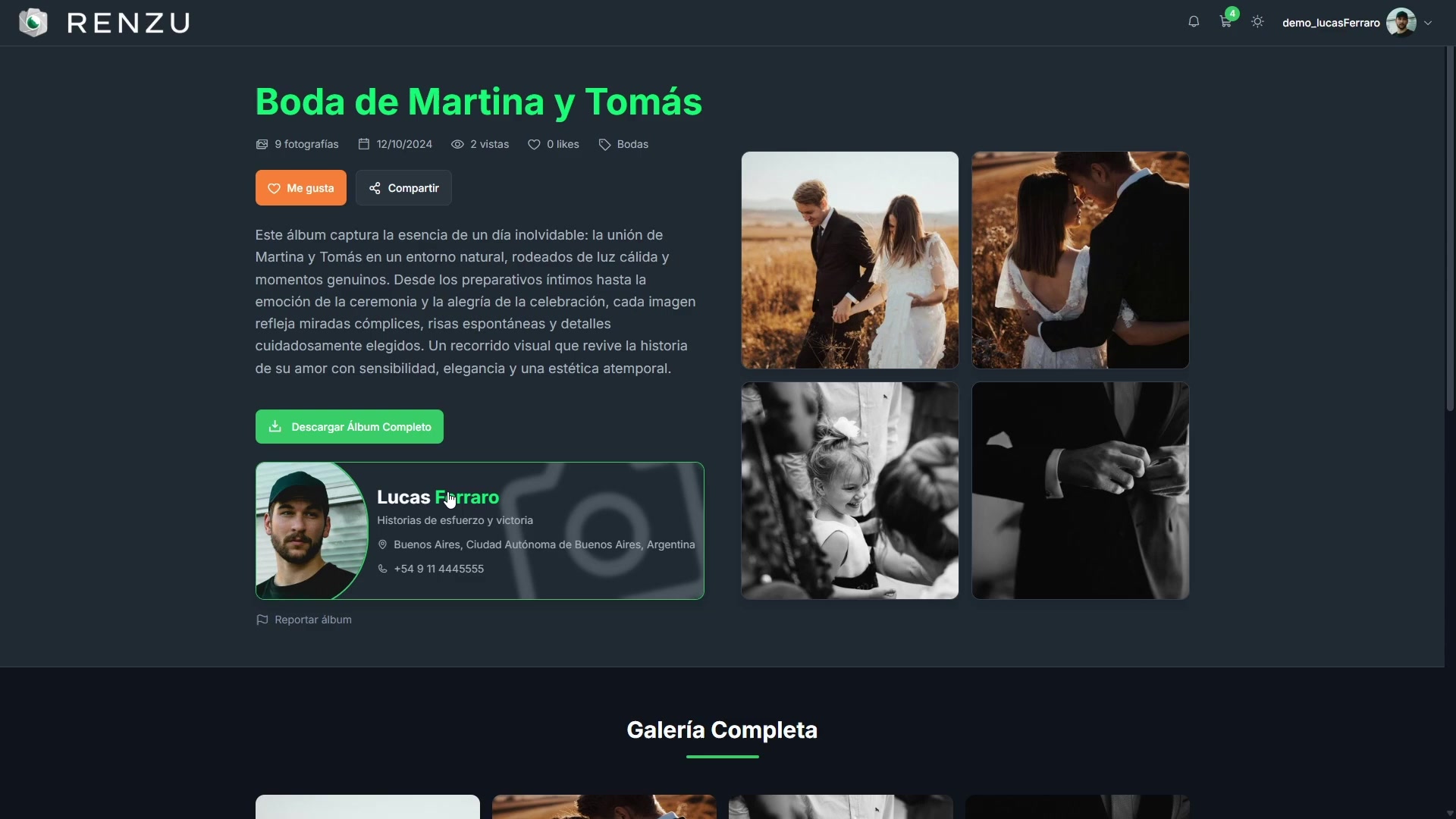 Vista del cliente con el botón Descargar Álbum Completo visible en la página del álbum