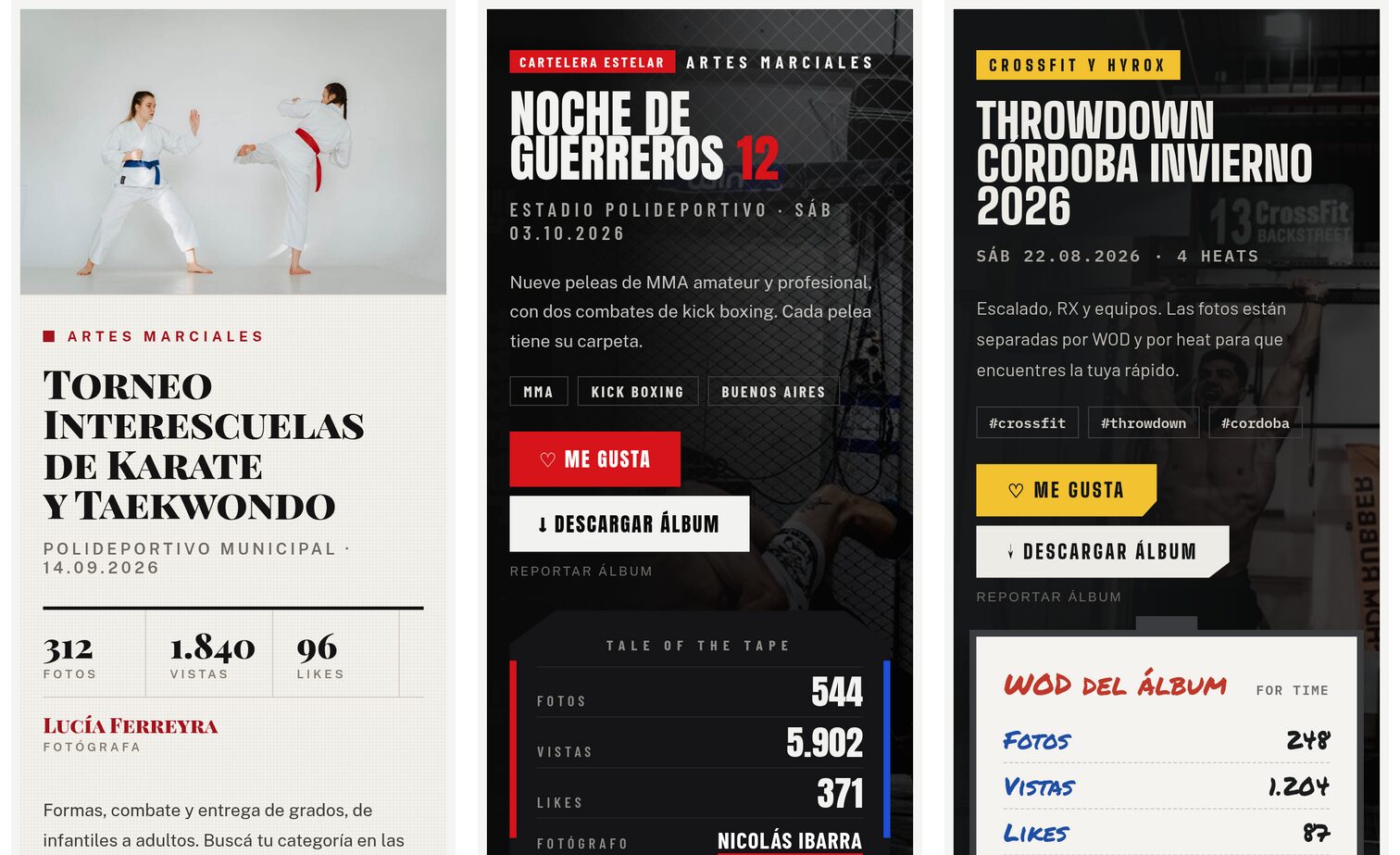 Tres álbumes en el celular: Cinturón con la foto de un torneo de karate sobre fondo blanco, Jaula con una noche de MMA en negro y rojo, y Box con el pizarrón del WOD sobre una competencia de CrossFit
