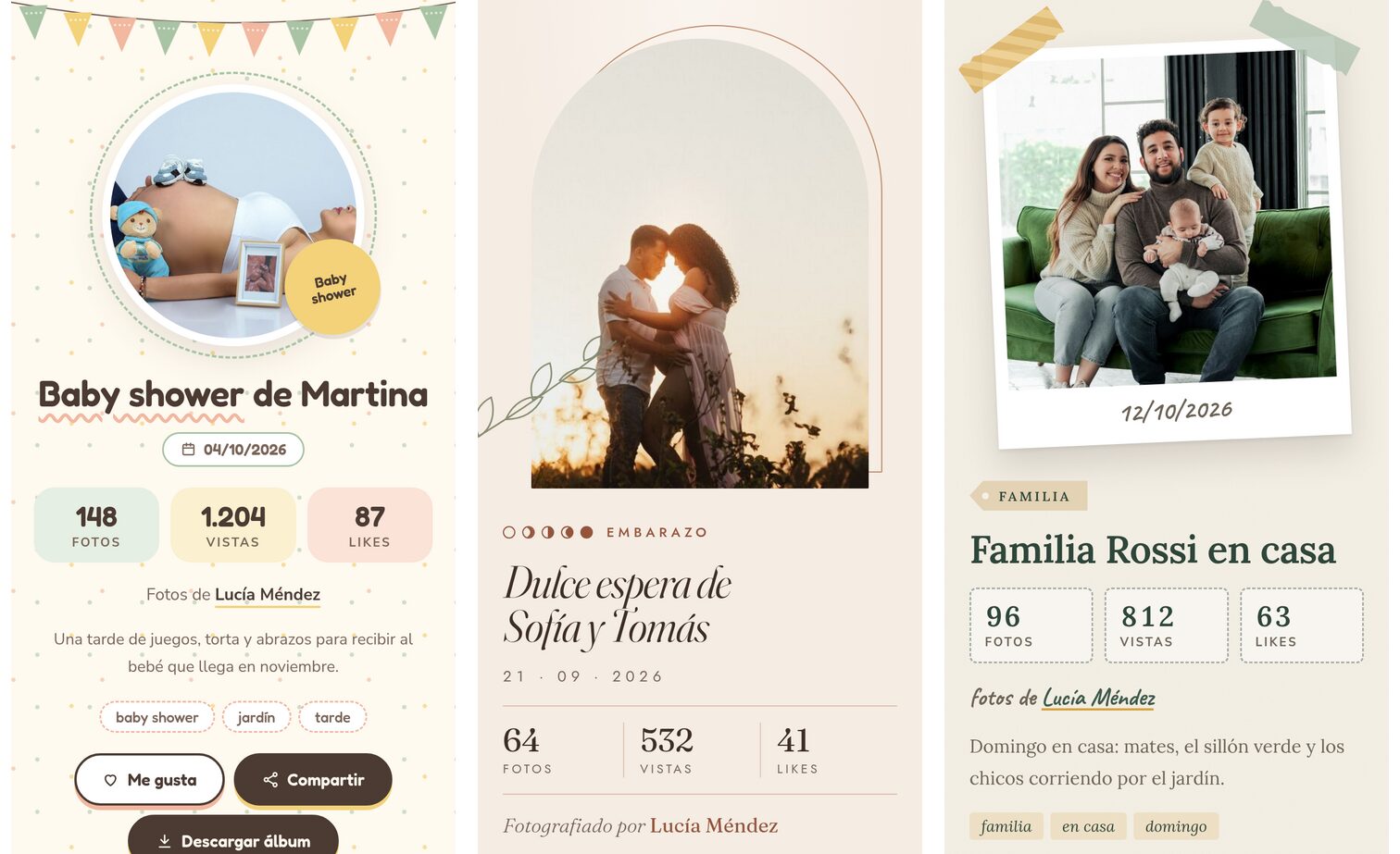 Tres álbumes en el celular: Baby shower con guirnalda de banderines y portada redonda, Dulce espera con la portada en arco y tonos tierra, y Álbum de familia con una polaroid pegada con cinta