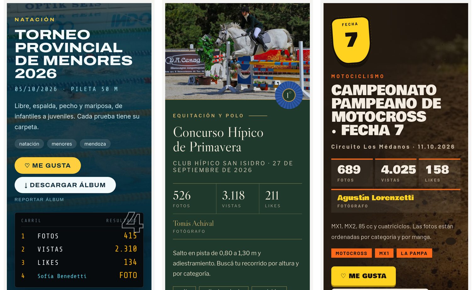 Tres álbumes en el celular: Andarivel con el tablero de resultados sobre una pileta, Pista con la escarapela de primer premio en verde inglés y Barro con la placa amarilla de número sobre un circuito de motocross