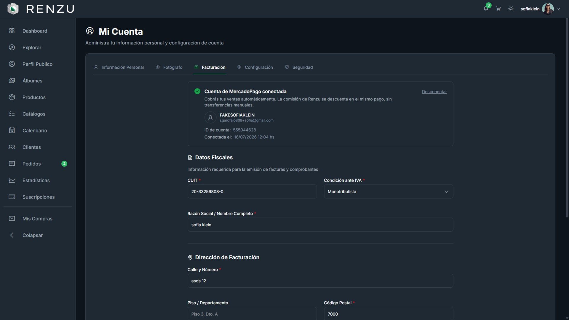 Recuadro de cuenta de MercadoPago conectada con el nombre de la cuenta, el ID y la fecha de conexión