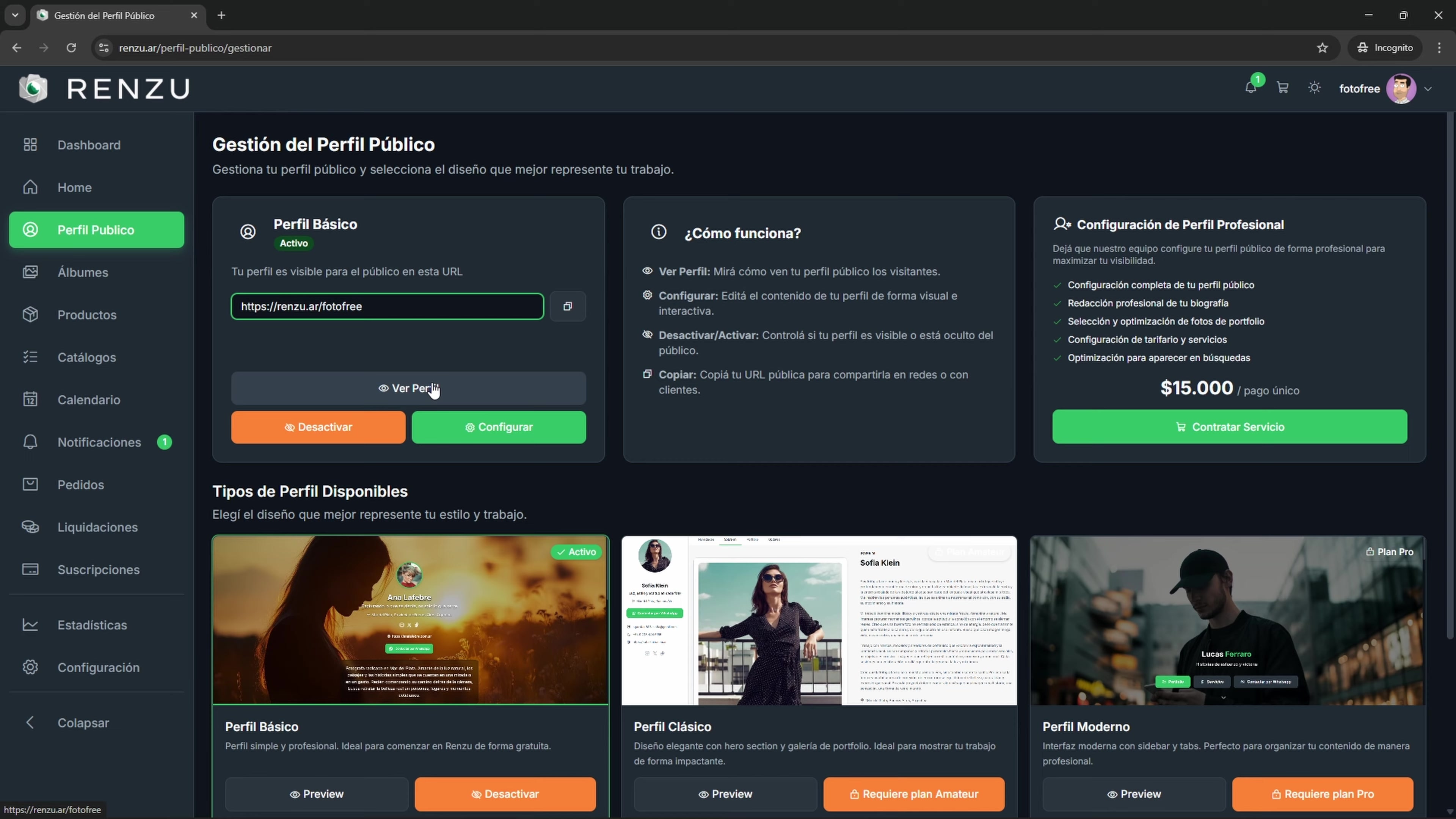 Página de gestión del perfil público con los tipos de perfil disponibles, URL pública y botón copiar
