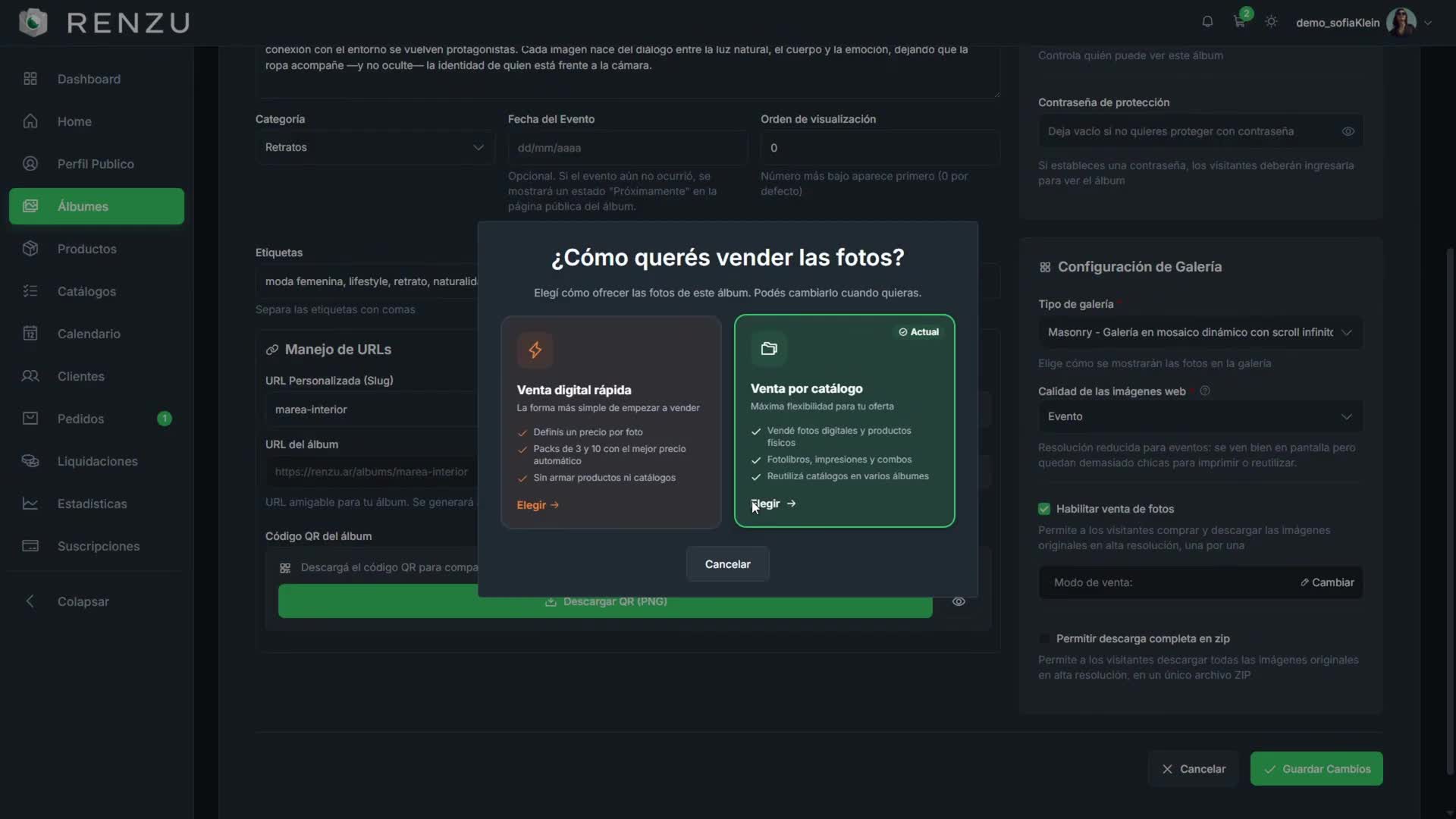 Modal ¿Cómo querés vender las fotos? con las opciones Venta digital rápida y Venta por catálogo